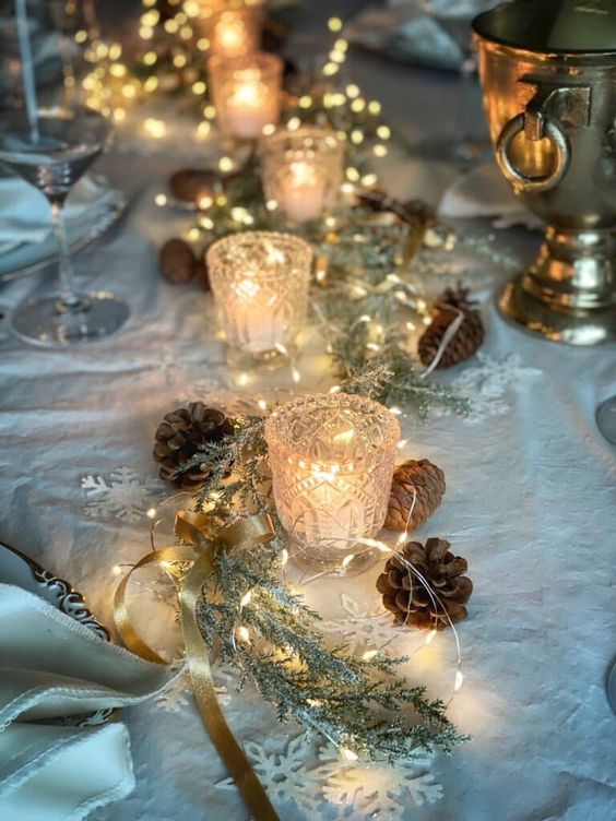 table with string lights